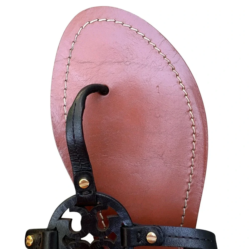 Tory Burch Womens 9 Mini Miller Leather Thong Sandals Black Tan Logo Flat